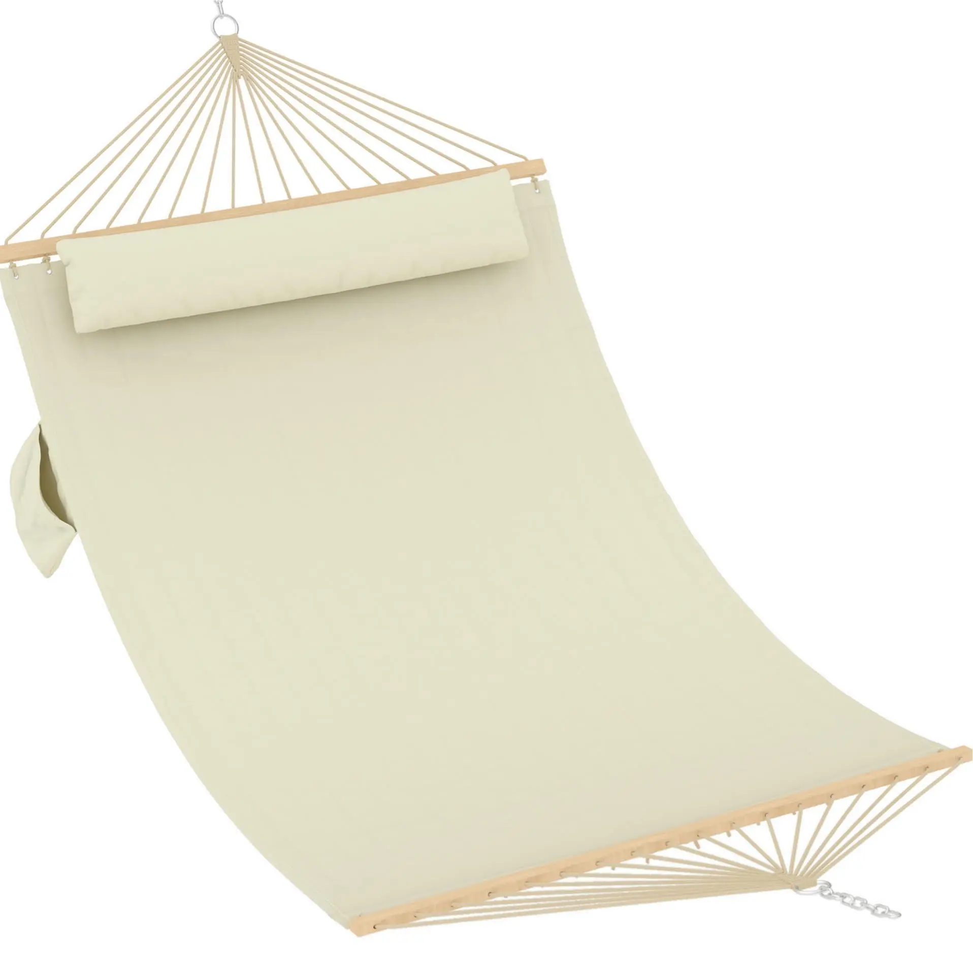 Large Hammock for 2 Adults with Wooden Spreader Bar, Quilted Swing Bed, Detachable Pillow & Chains, Outdoor & Indoor Relaxation for Patio, Garden,2x1.4m,Beige