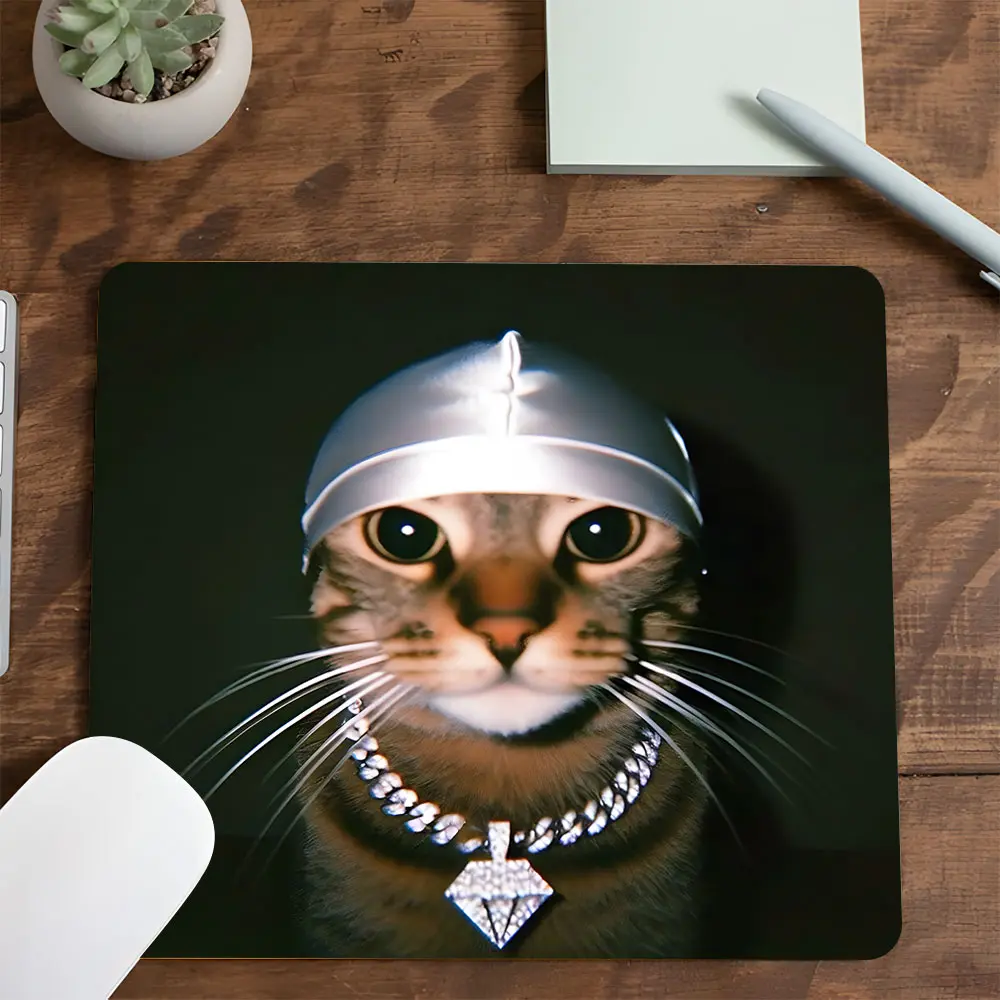 Hip-Hop Cat Themed Square mouse pad, Desktop Decorative Protective Pad, Rubber Anti-slip Lockedge Work Pad, Small Size Suitable for Laptop, Desktop Computer Games, Work, Family, Gaming Mouse Pad, Gaming Mousepad