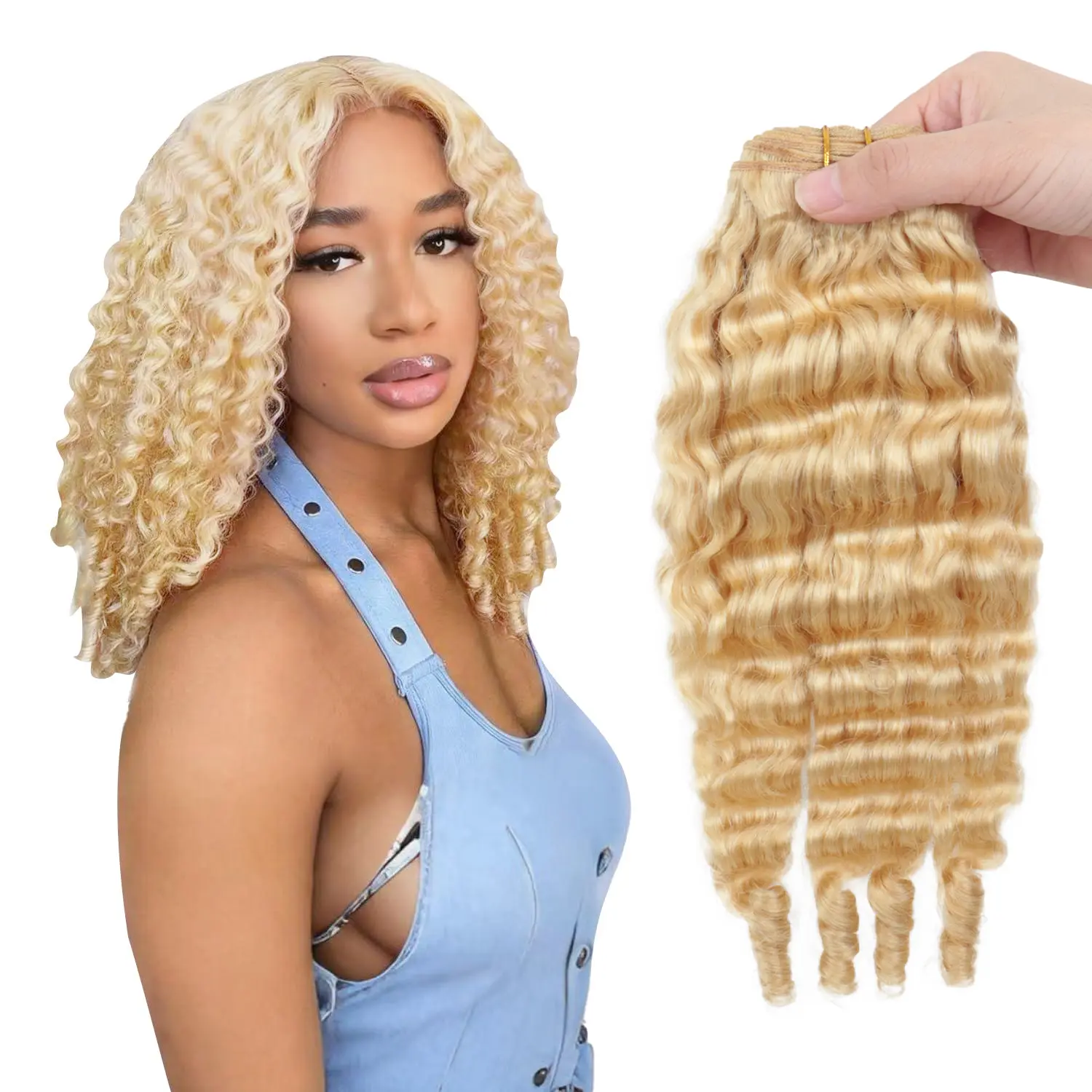 613 Blonde Deep Wave Bundles 10-24 inch 3C4A Deep Wave Human Hair Extensions With Spiral Curl Ends 100% Unprocessed Virgin Double Weft Quick Weave Can Be Dyed for Voluminous Look