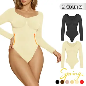 Women’s Seamless Shaping Bodysuit – Long Sleeve V-Neck Tummy Control Thong Shapewear, Sculpting Body Suit, Arm Shaper, Lightweight Compression Top, Fashion Nova Style, Body Leggings Look, Spring Wear SpringStatements