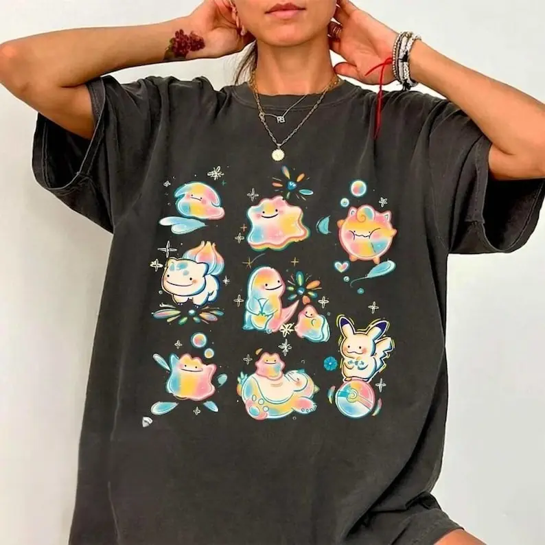 Pastel Ditto Poke Friends Shirt, Cute Rainbow Pocket Monster Tee, Kawaii Anime Character Graphic, Colorful Gamer Gift for Her