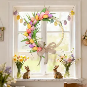 2026 New Spring Wreath Easter Door Decor Wooden Beads Realistic Tulip Flower Ring Day Wreath Home Decoration, 35cm, Fits Most Front Doors/walls