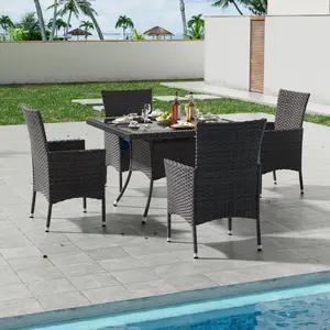 [2 packages delivery]Patio Dining Set All-Weather Wicker Outdoor Patio Furniture Set w/Tempered Glass Tabletop, Removable Cushions and Umbrella Hole for Patio, Backyard, Garden, Poolside