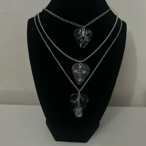 Black Guitar Pick Necklace W/Guitar/Cross/Spider Charm