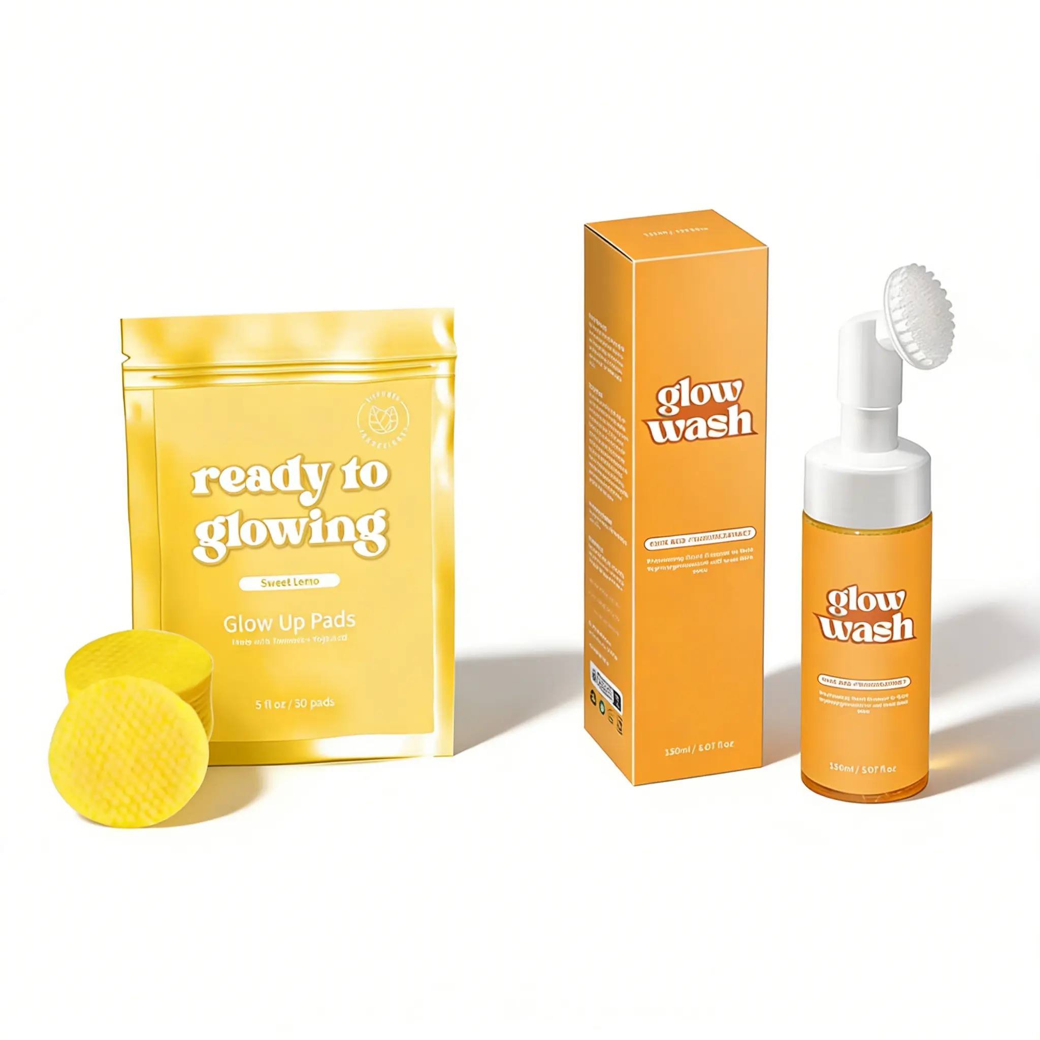 Glow Wash 150ml Facial Cleanser Beauty Kit with Free Turmeric Pads, Sweet Lemon & Turmeric for Radiant Skin Facial