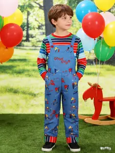 Boys Ghost Costume Set, Colorful Striped Shirt + Blue Random Print Suspender Pants, Chest Pocket Design, Halloween Party