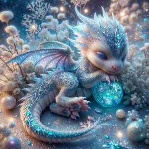 Enchanted Ice Dragon Diamond Painting Kit, Cross Stitch Kits, Diamond Pattern Design, baby dragon with blue scales, crystal details and glowing orb, fantasy mythical creature art, 5D round rhinestone diamond embroidery cross stitch DIY home decor