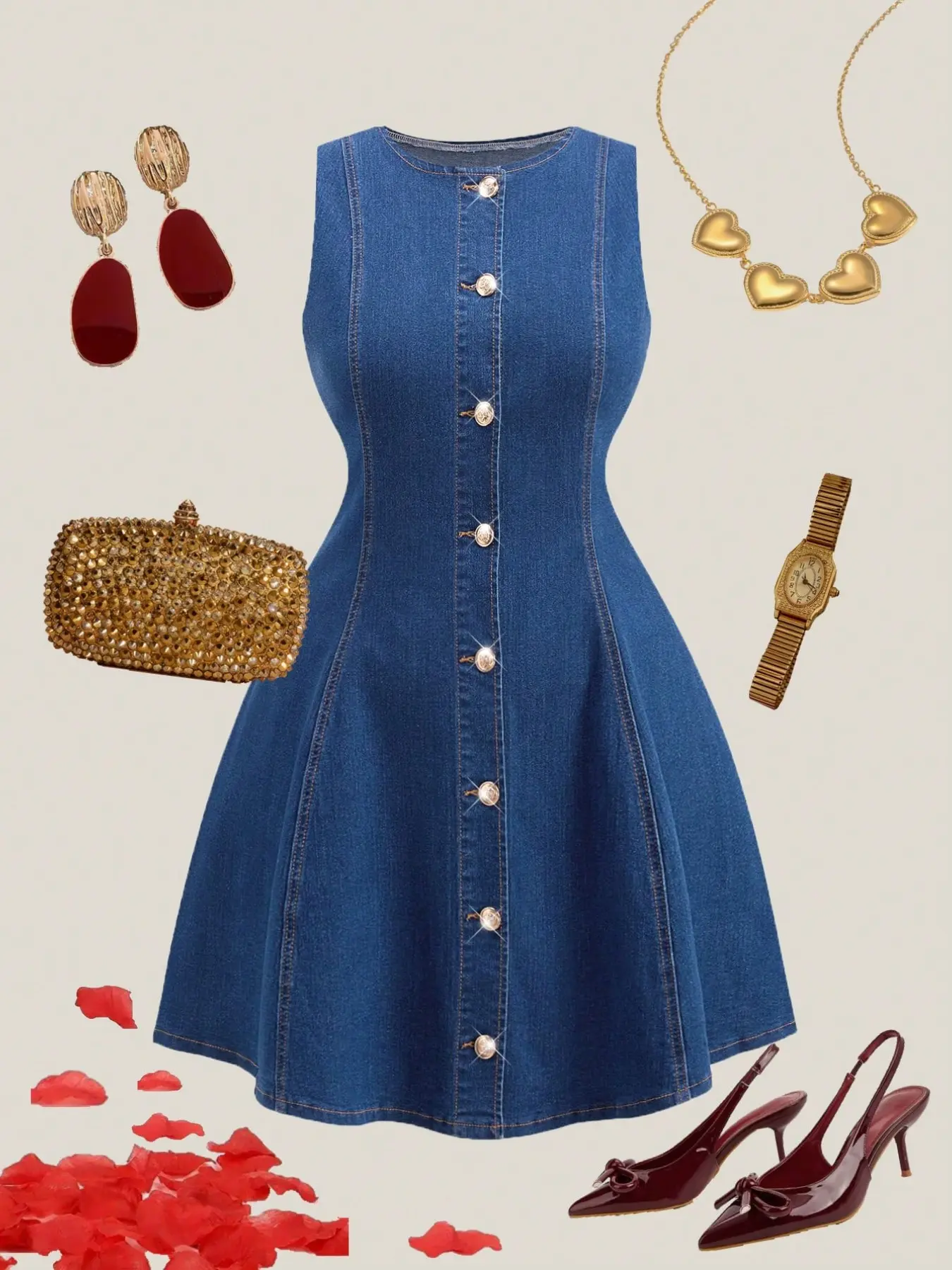 Plus Size French Style Elegance Sleeveless Summer Denim Dress, Waist-Cinching Slimming Single-Row Button A-Line Short Dress for All Seasons