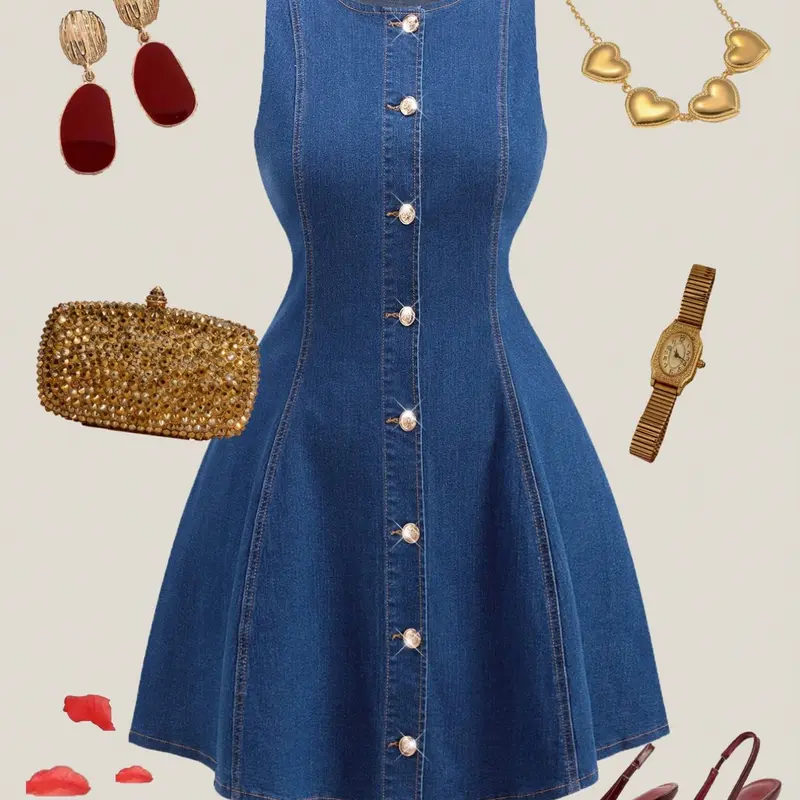 Plus Size French Style Elegance Sleeveless Denim Dress, Waist-Cinching Slimming Single-Row Button A-Line Short Dress for All Seasons, Bohemian Dress