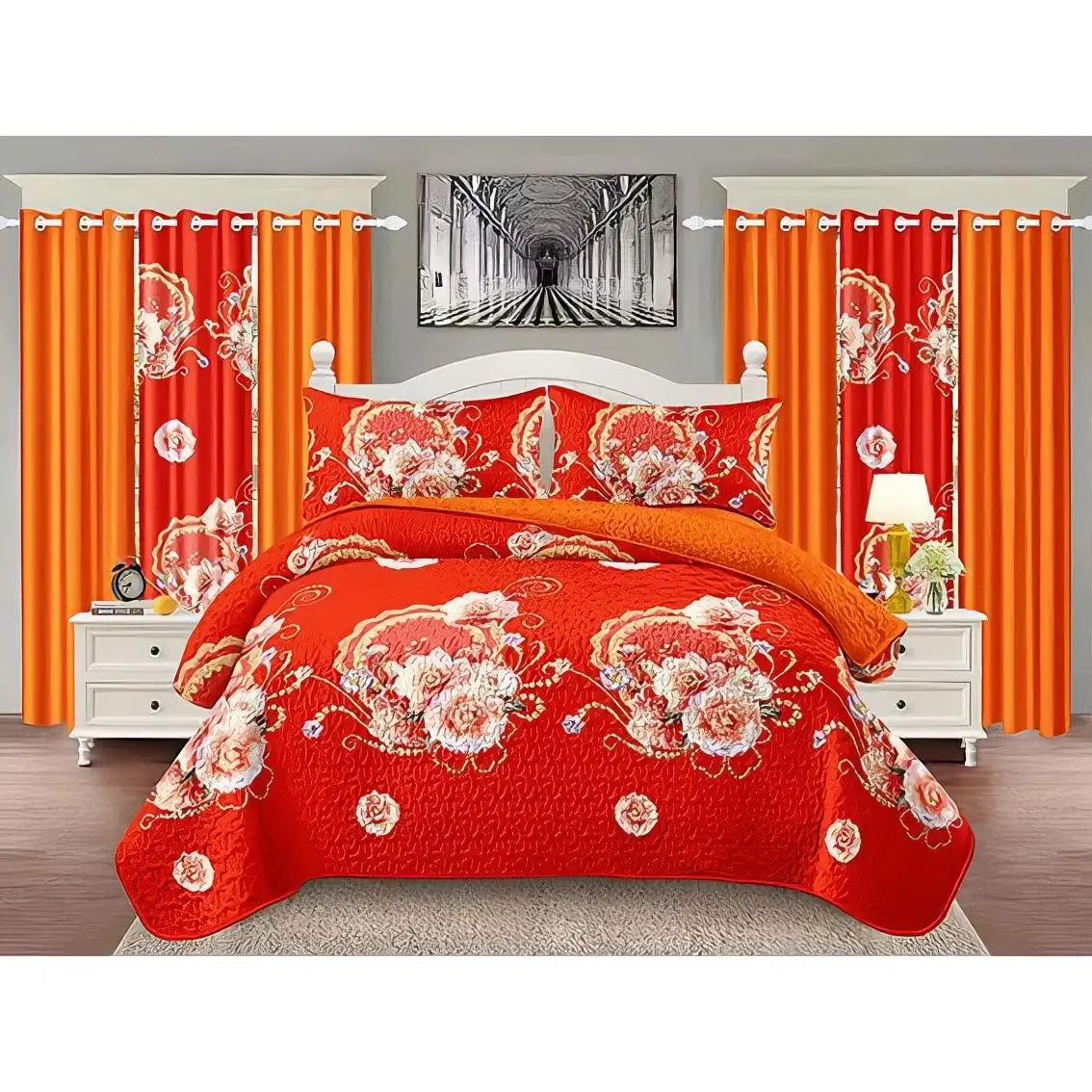 Elegant 9 Piece Bedspread Set with a Bold Floral Design for a Stylish Bedroom