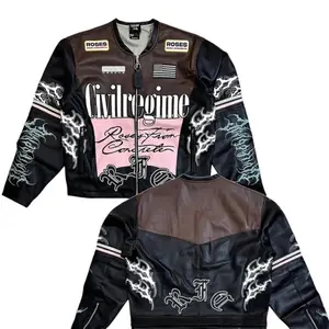 Civil Regime Roses From Concrete Faux Leather Racing Jacket Pink/Brown Size M with Flame Design