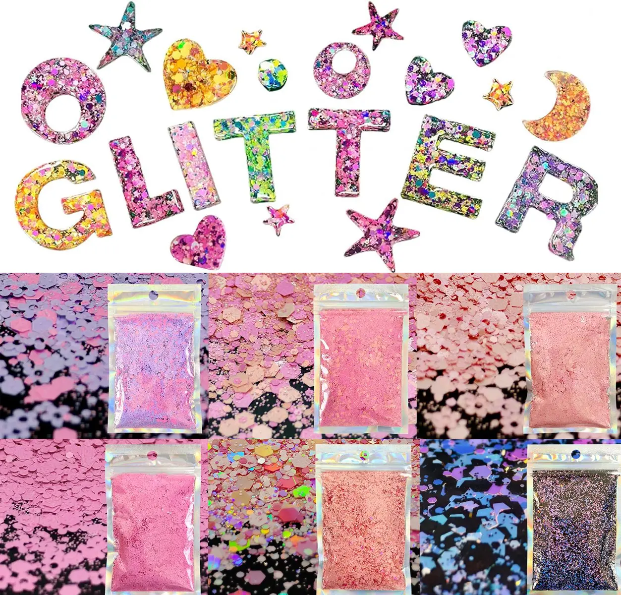 Rainbow colored facial and body glitter - block shaped glitter, irregular glitter in dark pink color, suitable for holidays, cheerleading, festivals, carnivals, hair, makeup, face, body, nails, resin, arts and crafts, resin, rollers, craft glitter