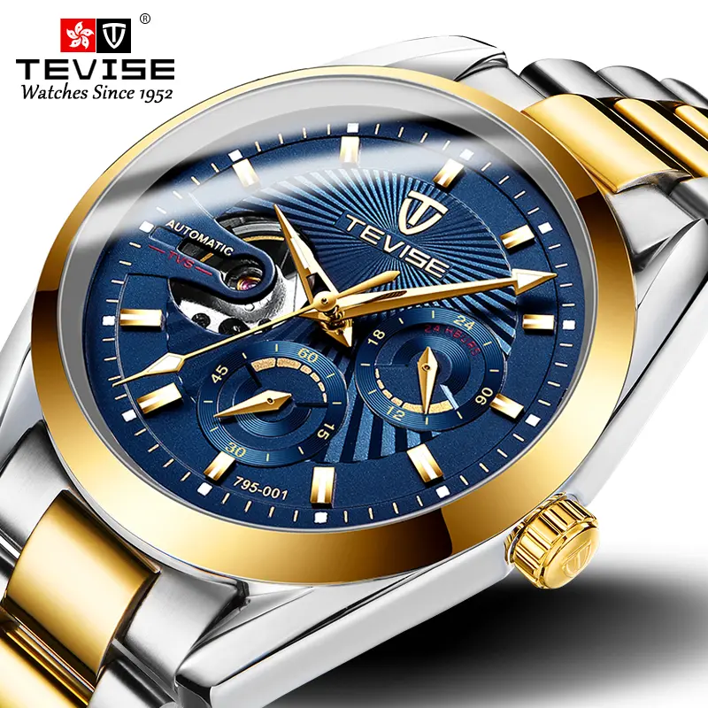TEVISE Swiss Craft Automatic Men's Glow Dial Watch, Waterproof Luminous Mechanical Steel Strap Wristwatch with 24-Hour Dial Night Light Timepiece