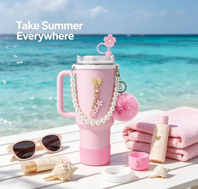 7PCS Tumbler Accessory Kit for 30oz & 40oz Cups, Silicone Protective Sleeve, Floral Handle Charm, Straw Cover, Flower Pendant, Pom Pom Keychain & Cup Carrier (Cup Not Included)