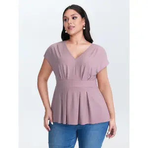 BLOOMCHIC Plus Size V-Neck Pleated Plain Knit Top [M-6X] 2026 Summer Vibes Swimweek