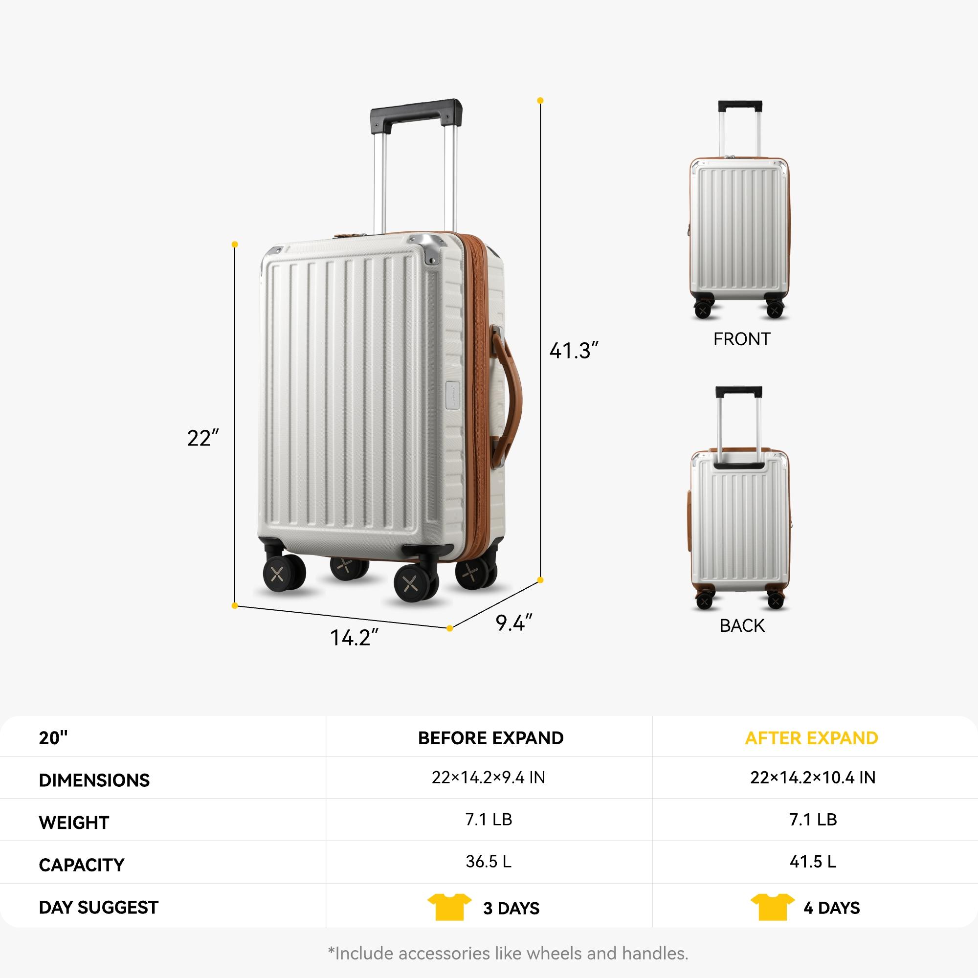 LUGGEX 20 Inch Carry On Luggage Airline Approved, PC Expandable Hard Shell Suitcases with Spinner Wheels,  White Brown