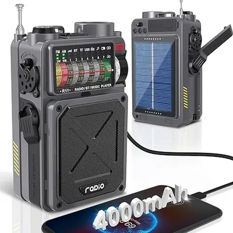 Emergency Crank Radio- Emgykit 4000mAh/14800mWh AM/FM/WB/SW/NOAA Weather Radio with Bluetooth,Flashlight,SOS Alarm, Powered by USB Charged,Hand Crank & Solar Power for Camping, winter storm