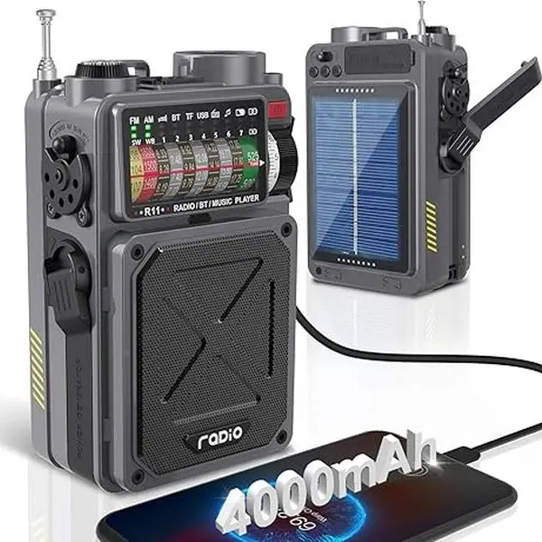 Emergency Crank Radio- Emgykit 4000mAh/14800mWh AM/FM/WB/SW/NOAA Weather Radio with Bluetooth,Flashlight,SOS Alarm, Powered by USB Charged,Hand Crank & Solar Power for Camping, winter storm