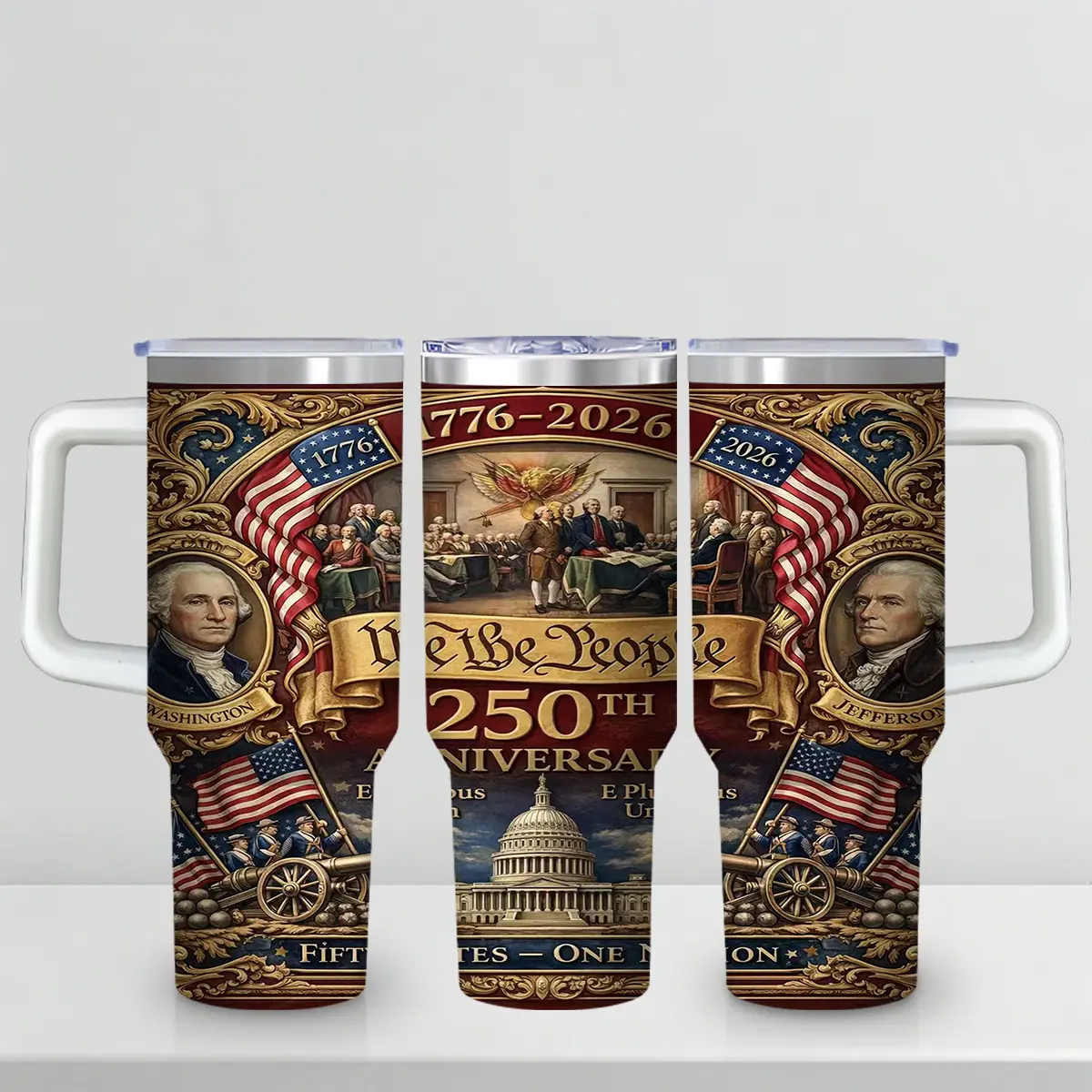 America 250th Anniversary Commemorative 30 oz Tumbler, "We The People" Constitution Inspired Design, 1776-2026 Semi-quincentennial Travel Mug, Insulated Stainless Steel Cup with Handle & Straw