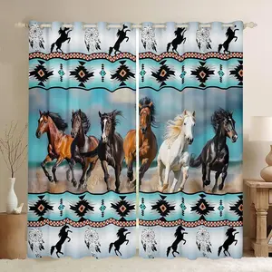 Feelyou Blackout Colorful Curtains - Teal Aztec Print, Southwestern Native, Western Animal Motifs, Ethnic Tribe Feather, Bohemian Dreamcatcher Designer Print, Country Style Bedroom Curtains, Aztec Print Curtains