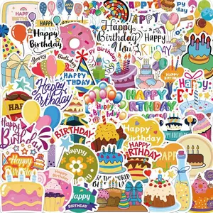 50pcs Cute Cartoon Happy Birthday Pattern Sticker, DIY Decoration Sticker for Wall Water Bottle Skateboard Helmet Car Bike Luggage Laptop, Sticker for Cars