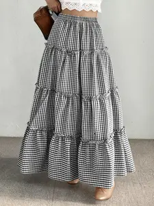 Women's Casual Midi Skirt, Womenswear Elastic Waist Pleated Gingham Fit Cake Skirt, Perfect for Daily Commute Travel Party