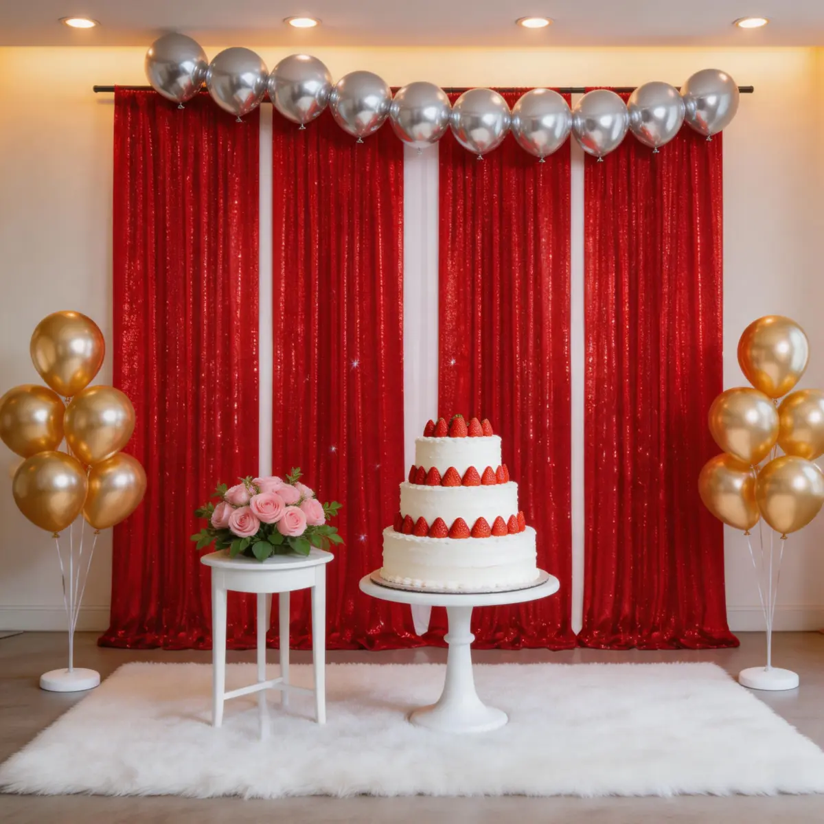 Polyester 6-Panel Red Sequin Backdrop Curtain, 2x8ft Glitter Background Setup for Christmas, Wedding Photography, Birthday Party