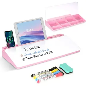 Desktop Glass Whiteboard with Storage, Pink Desk Dry Erase White Board With For Computer Keyboard Stand, Desk Organizers and Accessories with Removable Cubicles For Office, Home, College, School