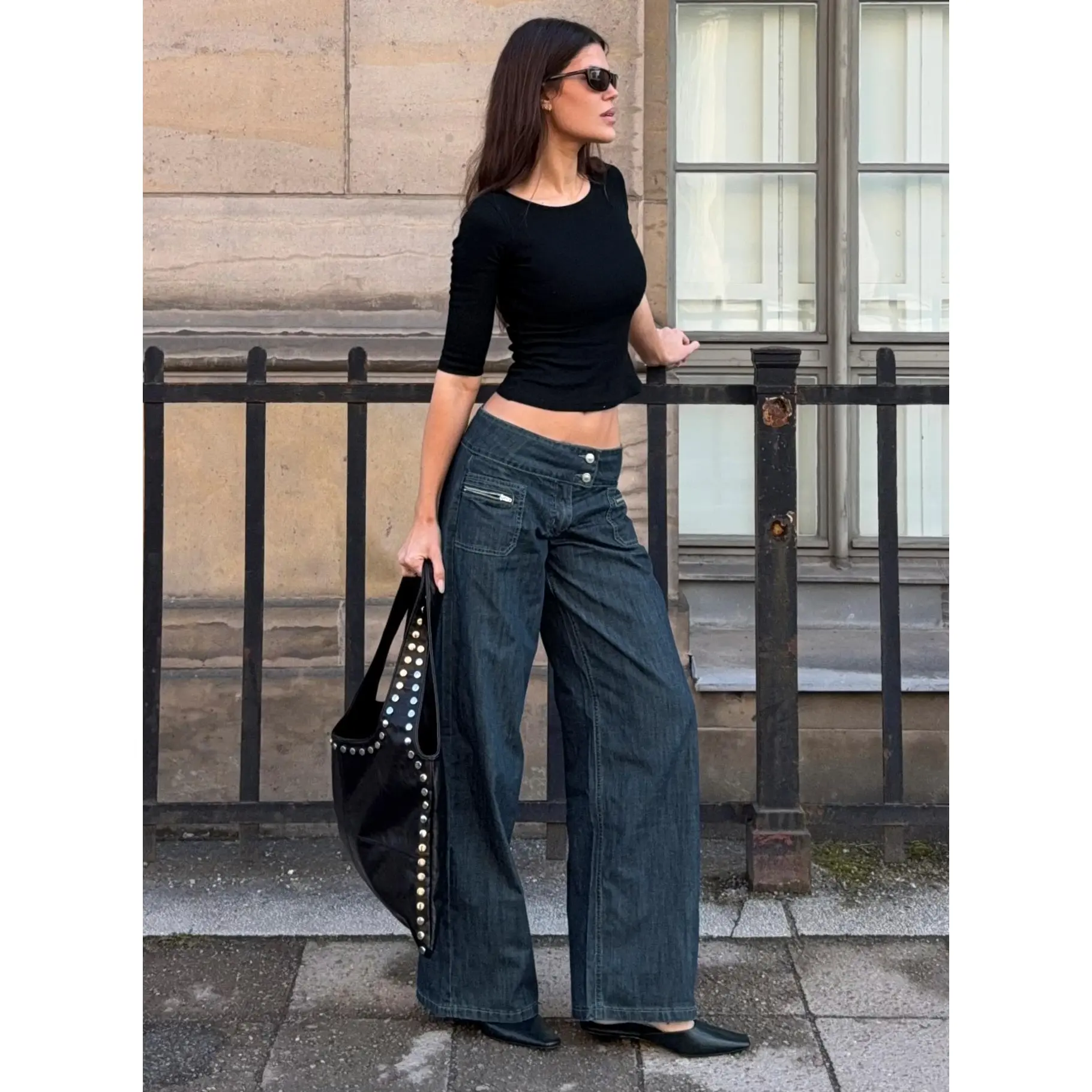 Unwritten Mid Rise Wide Leg Jeans Dark Blue Wash