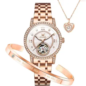 OLEVS Watch OLEVS Automatic Womens Watches Mechanical Diamond Skeleton Luxury Dress Stainless Steel Silver/Rose Gold Waterproof Luminous Ladies Wrist Watches Gift Set