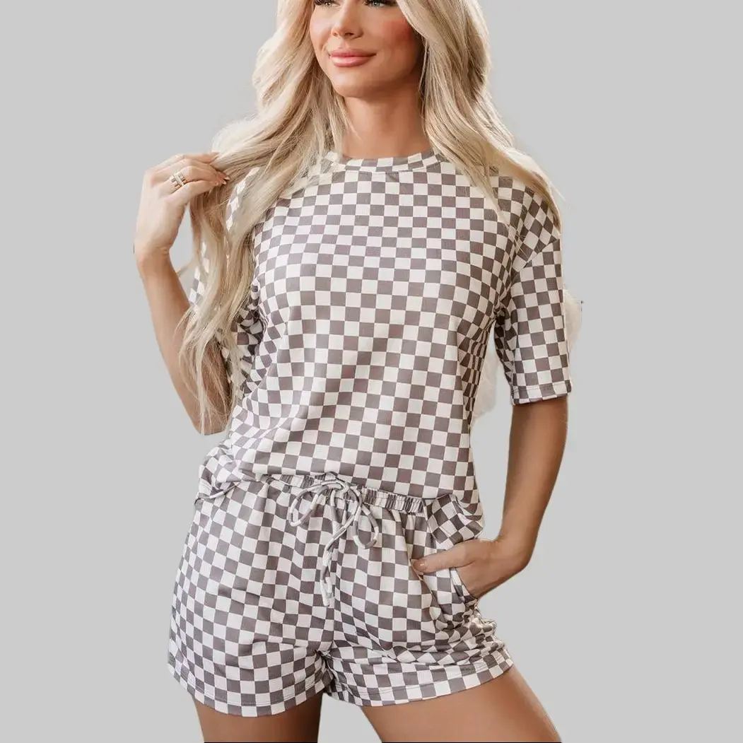 Women's 2-Piece Chic Checkered Plaid Knitting Casual Clothing Set - Elastane Polyester Blend Drop-Shoulder Crew Neck Short-Sleeve Baggy Oversized Tee, Elastic Waist Tie Above-The-Knee Shorts with Pockets, OOTD Ideas, Do Not Bleach, Clothes