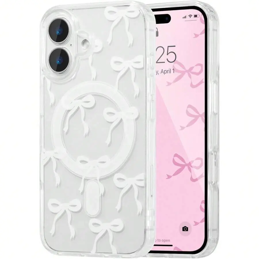 Magnetic Compatible, For IPhone 16 16E 16 Pro 16 Promax 16 Plus 15 14 13 12 11 17/17pro/17promax/17air Case, Bow Case Compatible With, Wireless Slim Clear Ribbon Aesthetic Phone Cover Anti-Yellowing Shockproof Protective Cover For Women Girl - White