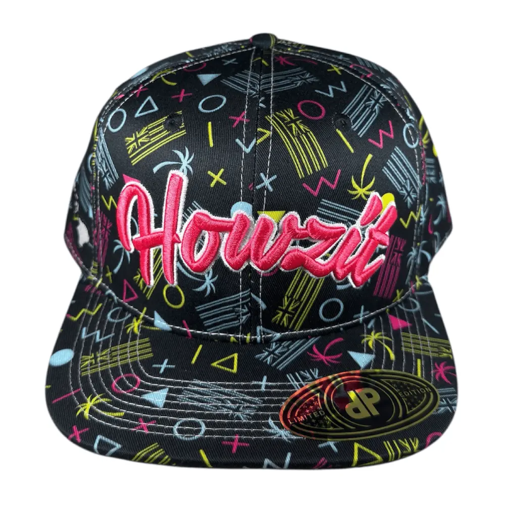 ANXD 80’s Howzit | 58cm 6-Panel Snapback Hat | ANXD “HOWZIT” Embroidery | White Outline with Pink Puff Stitch | Retro 80s-Iniredsp