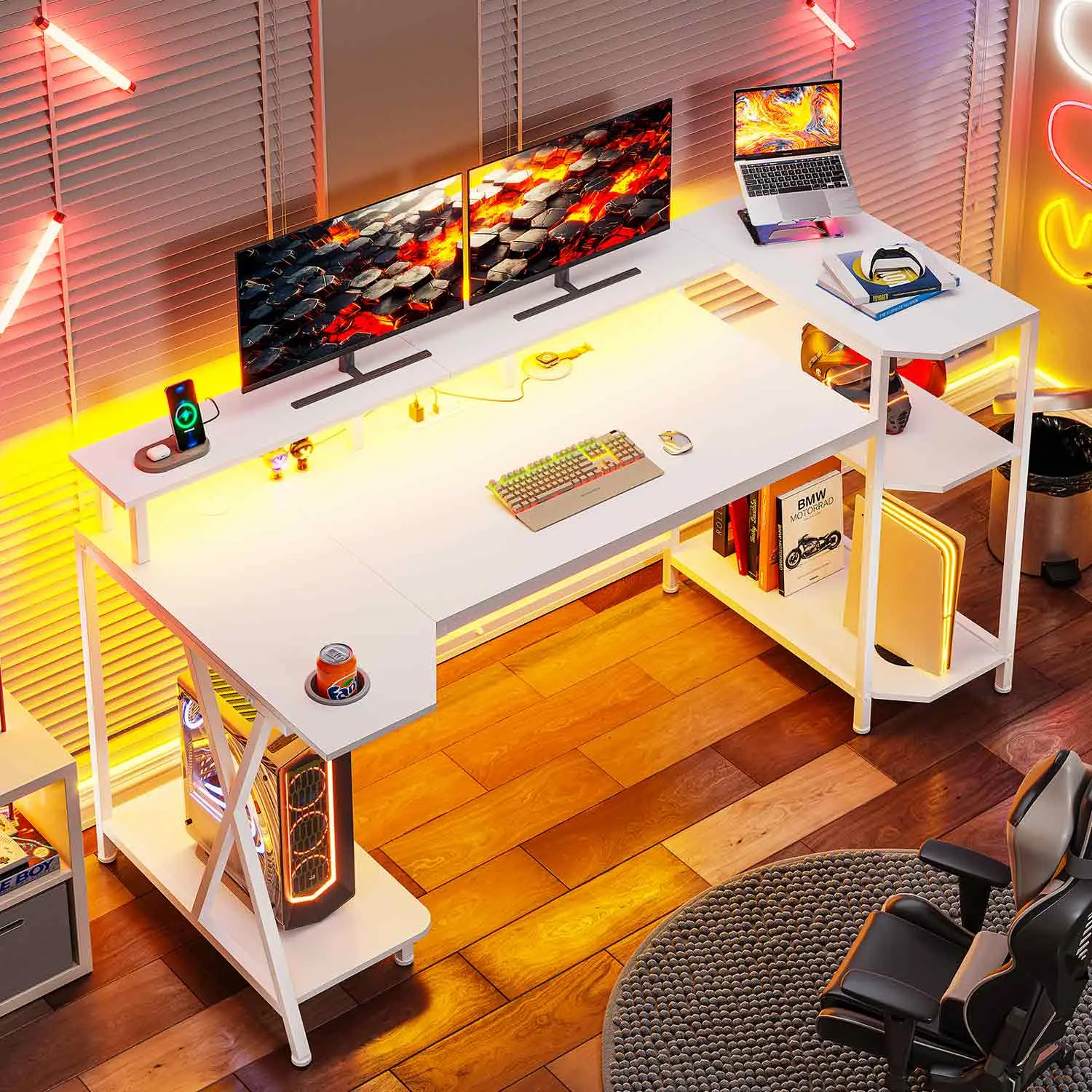 SIKAIC 55-Inch White Gaming Desk - Modular Adjustable Height Large Minimalist Workstation with Storage Shelves, Monitor Stand for Home Office (fits gaming, adjustable height, modular desks & workstations), Adjustable Height Desk, Gaming Desks