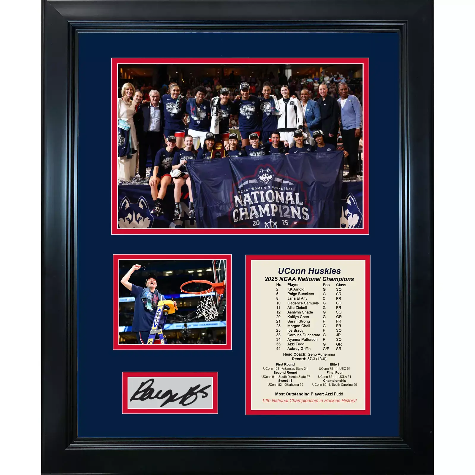 Poster UConn Huskies 2025 Champs Paige Bueckers Facsimile Auto 4 Size Photo