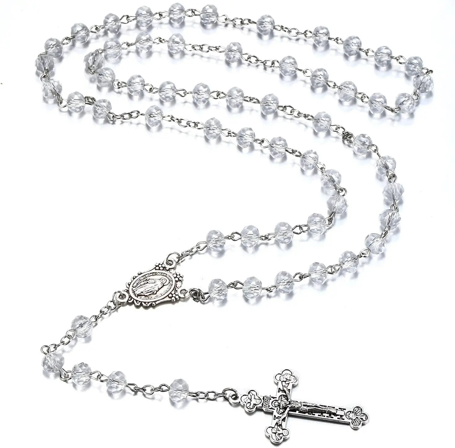 Catholic Rosary Crystal Beads Necklace with with Miraculous Medal Cross Crucifix Rosaries Communion Rosary