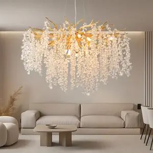 Modern Tree Branch Dining Room Crystal Chandelier, Round Dimmable Gold 23.6-Inch G9 Crystal Pendant Light Fixture for Kitchen Island/Living Room/Bedroom/Corridor