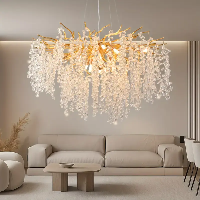 Modern Gold  Crystal Chandelier,  Round Dimmable Tree Branch Pendant Light, G9 Base Hanging Fixture for Dining Room Kitchen Island Living Room Bedroom Corridor, Luxury Home Decor, Bulbs Not Included