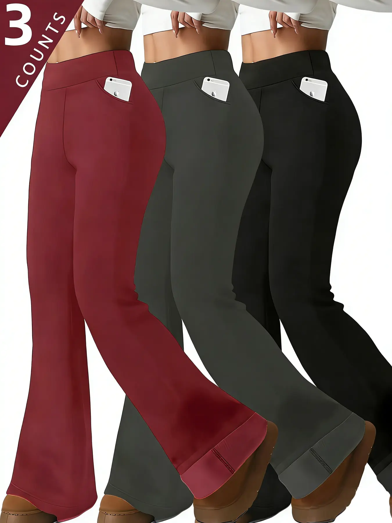 3-Pack Women's Pants, High Waisted Fleece-Lined Wide Leg Trousers, Stretchy Comfortable Basic Winter Lounge Bottoms, Bottom, 3Pcs, Straight Pocket, Wide‑Leg Lounge