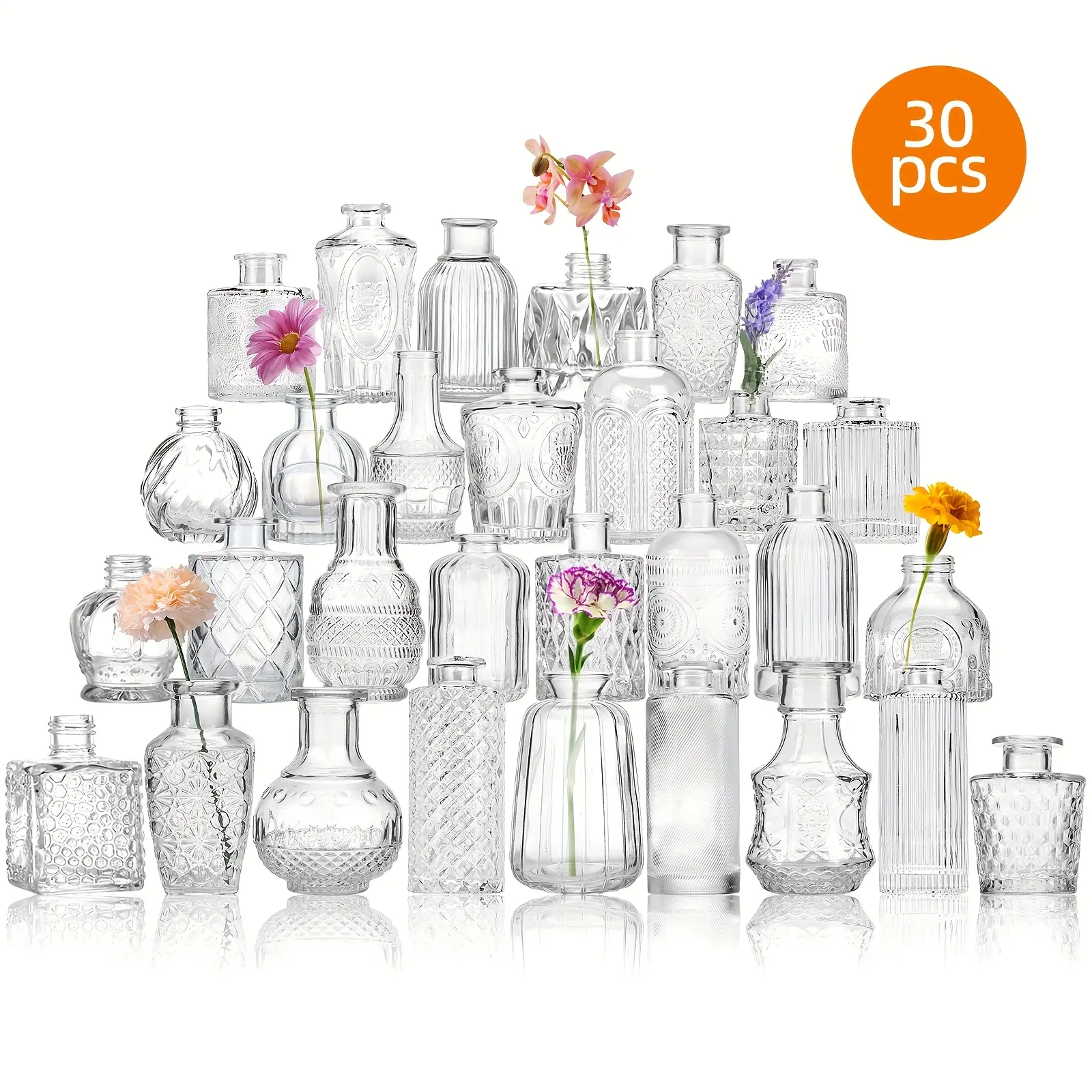 WHONLINE 30pcs Bud Vase, Party Centerpieces, Wedding Centerpieces for Tables, Mini Clear Bud Vases for Flowers, Small Flower Vases Suitable for Birthday Party, Anniversary, Wedding, Home Table Deco, Multiple Sizes, for Mother's Day