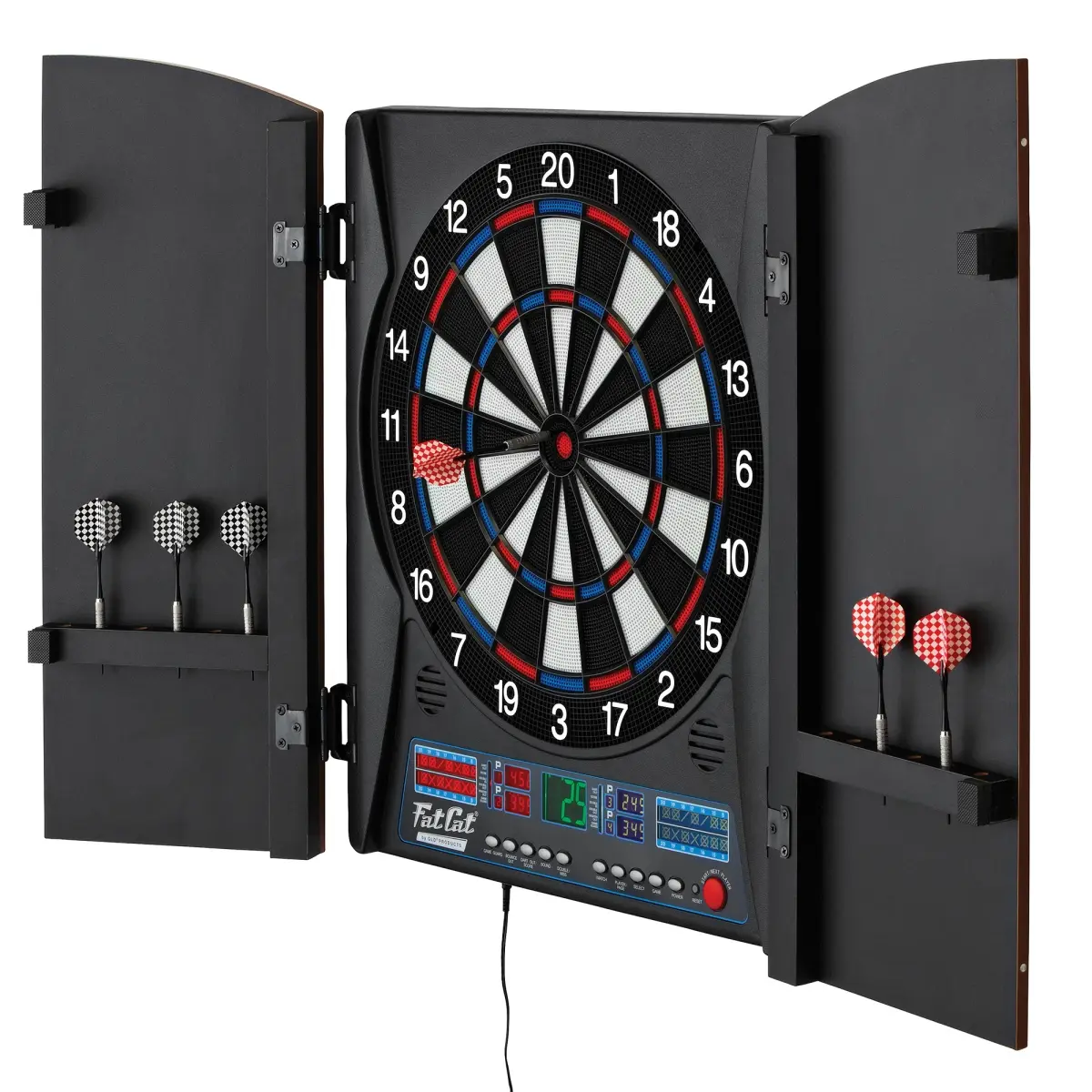 360 Stand Fat Cat 42-9029 Electronx Electronic Dartboard Bundle with Throw Line Marker, Dart Mechanic, Black & Viper 2BA Tufflex Tips (50-Count, Hybrid, 13.5 in, Compact, Black)