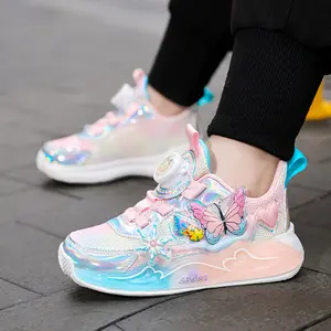 Girls Princess Sneakers Rotating Buckle Closure Low Top Breathable Fabric Upper Cushioned Sole Soft Kids Shoes for Little Girls Dance Gym Casual Attire