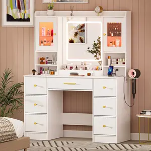 7 Drawers White Vanity Table Set with Power Outlet, Lighted Mirror, RGB Cabinets, Hair Dryer Rack, Jewelry Organizer and Touch Screen LED Light for MakeupSMDA
