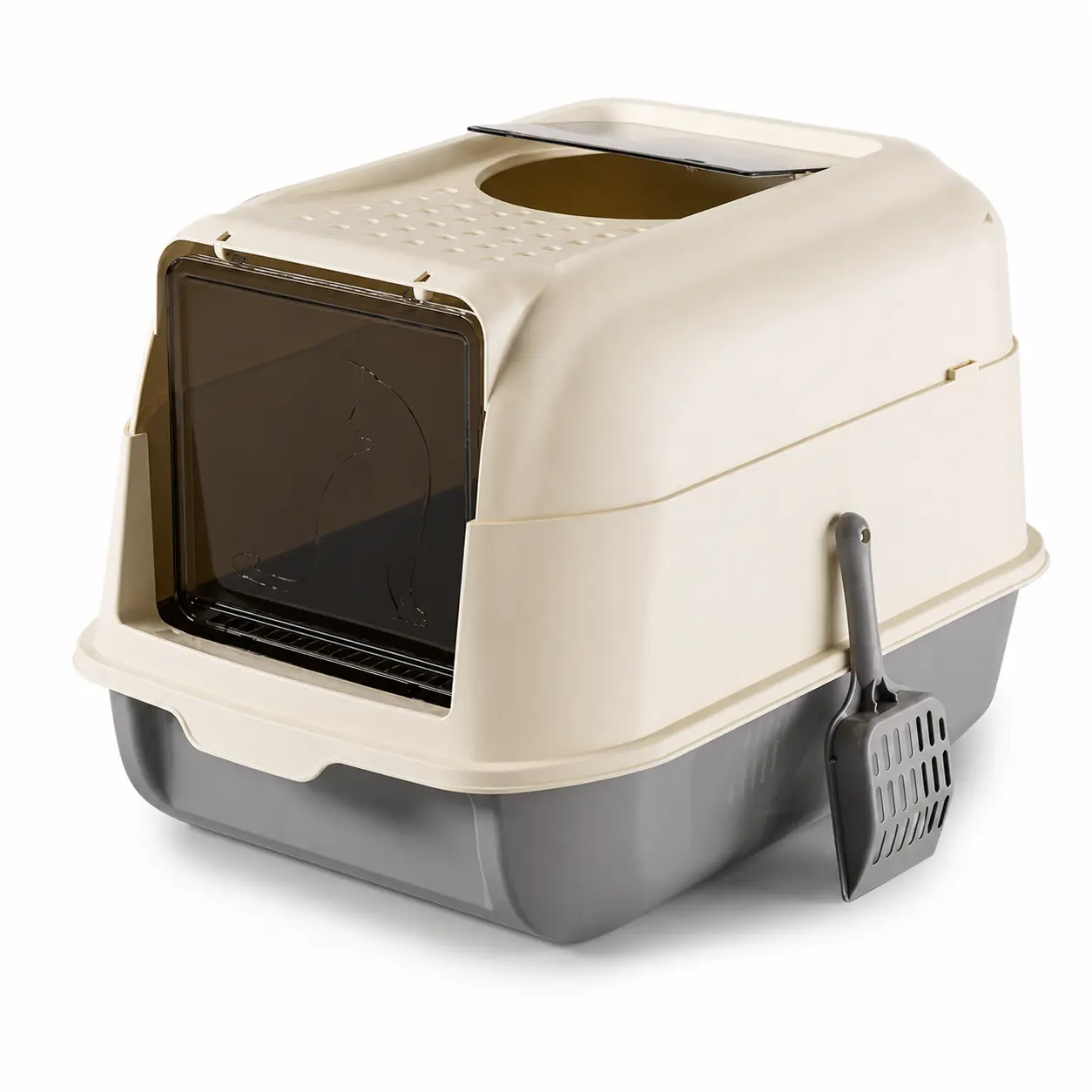 Large Enclosed Cat Litter Box - Front Entry, Top Exit, Double Doors, Pull-Off Hood, High-Sided Plastic Base, Included Scoop, Gray & Cream