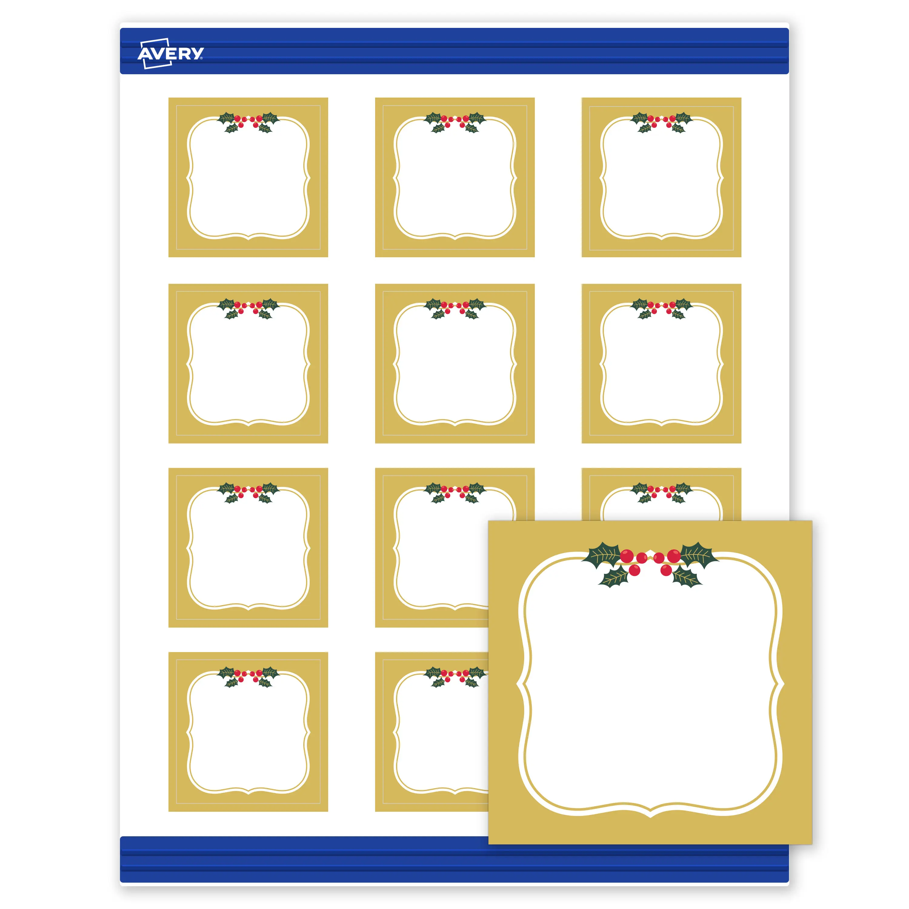 Avery® Printable Christmas Business Cards with Sure Feed® Technology, Square, 2" x 2", Pre-Printed Metallic Gold Border with Holly Design, Matte White, Laser & Inkjet Compatible, 120 Total