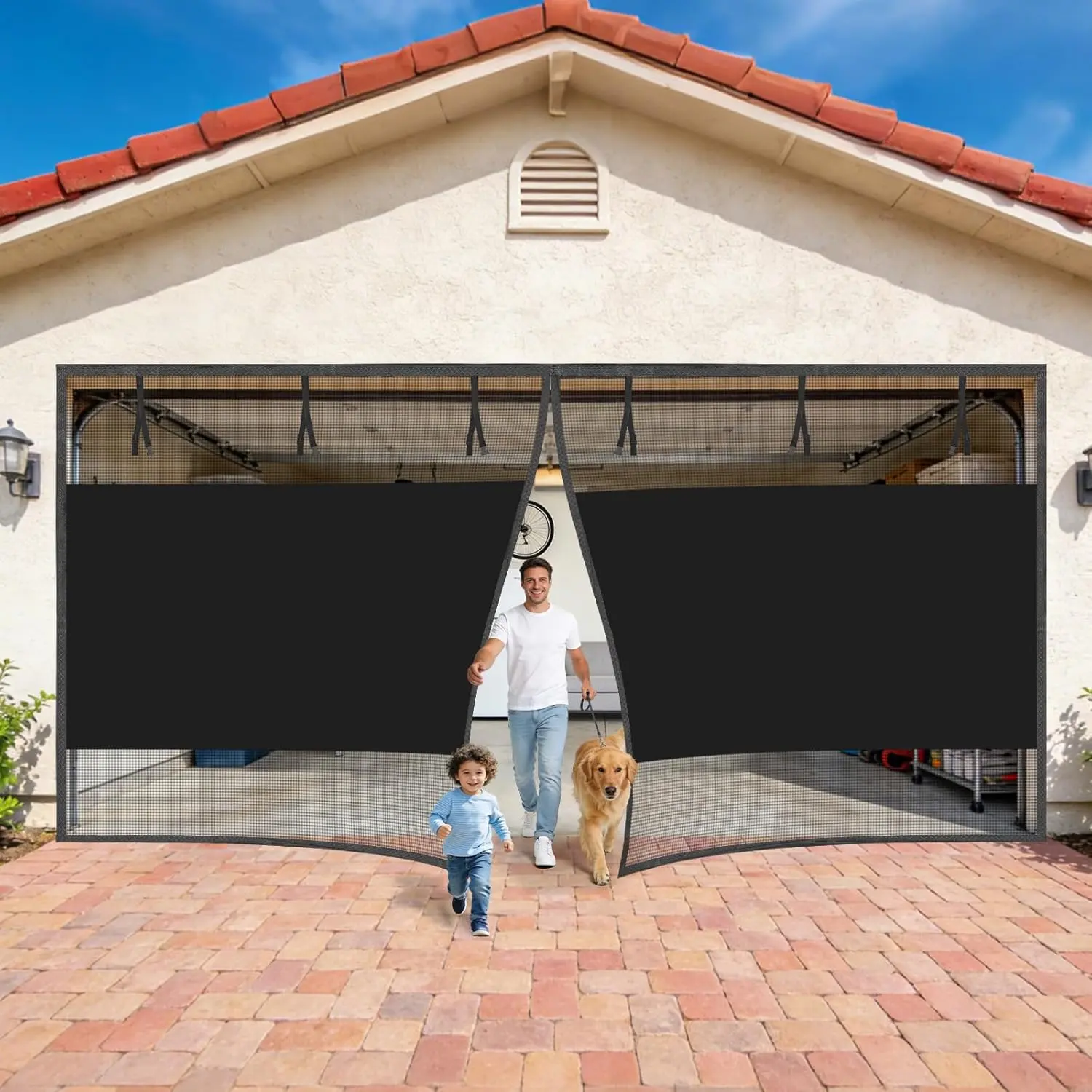 Garage Door Screen 2 Car 16x7 Ft, Privacy Magnetic Closure Garage Net Screen for Garage & Patio, Keep Tiny Animals Out & Pet Friendly, 20 Mins Quick Install for Home Gym, Porch, Balcony(Black)