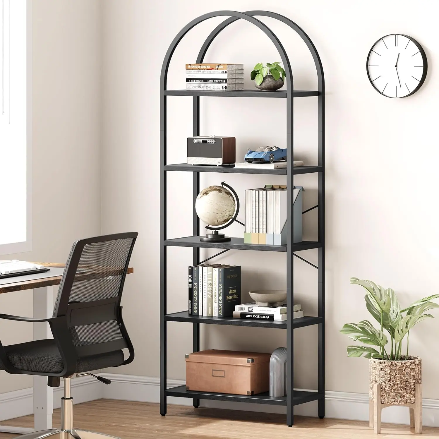 5-Tier Arched Top Industrial Display Rack - 71in Freestanding X-Shaped Back MDF+Metal Bookshelf with Anti-Tip Kit, Chic Marbling Finish, 30lb High Durability Cabinets Racks & Shelves for Bedrooms, Offices (Black, Gold, Gray, Brown)