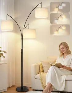 Arc Led Floor Lamp, Modern Black 3 Light Tall Floor Lamp for Bedroom, 2400lm Mid Century Adjustable Standing Corner Lamps for Living Room Office, 3 LED Bulbs Included, White Lampshade