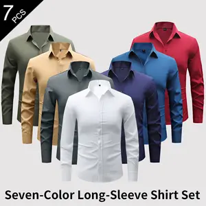 7-piece set featuring men’s long-sleeve shirts—stylish solid-color options suitable for work, casual wear, and sports; often a good choice for business professionals’ commuting outfits; slim fit, lightweight fabric. Shirts Dress Multi-Country Mens