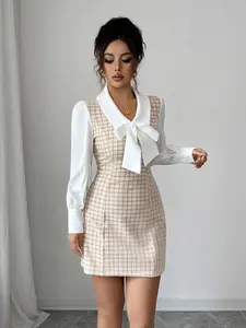 A women's fashionable elegant apricot white color blocked coarse tweed bow dress, the coarse tweed adds texture, and the bow adds sweetness, suitable for commuting to work, shopping and playing indoors and outdoors
